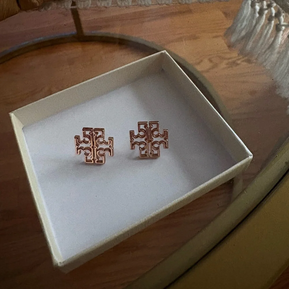Tory Burch Rose Gold Geometric Cross Stud Earrings
